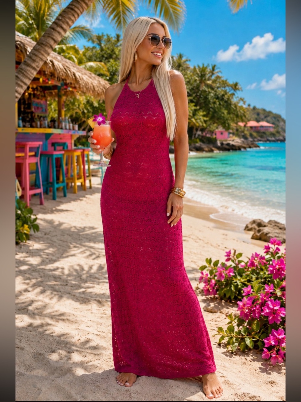 Wine/Pink Crochet Halter Maxi Dress XL